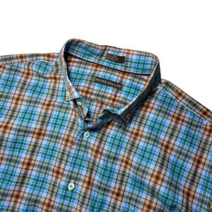 Peter Millar Mens L Plaid Button Down Shirt Long‎ Sleeve Blue Orange Casual